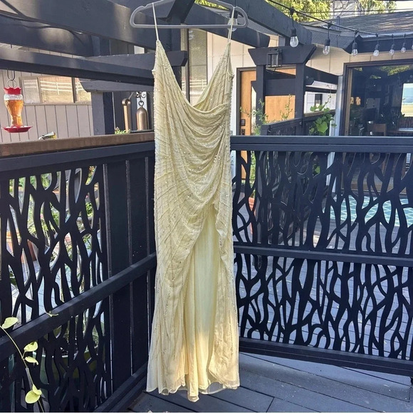 Mac Duggal Yellow Beaded Sequin Gown – Deep V Wrap Slit Formal Prom Dress NWOT - Picture 6 of 16